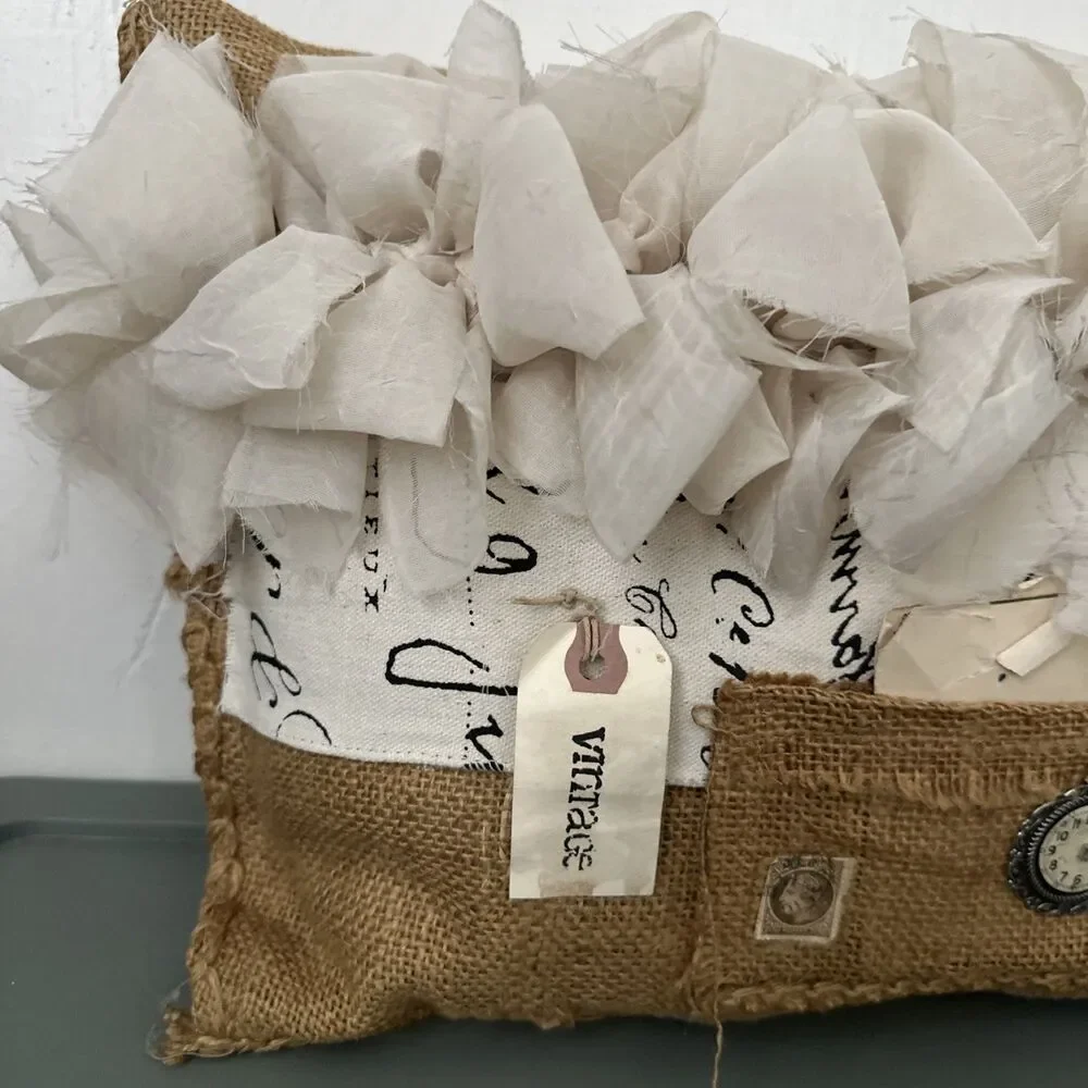 Vintage Burlap Pillow Organza Ruffles  Handwritten Letter Shabby Chic Farmhouse